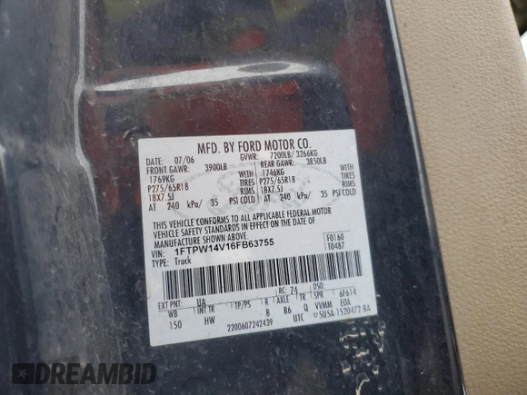 2006 Ford F-150 XL with VIN 1FTPW14V16FB63755, listed as a Copart auction lot 44211145 with 290,801 mi miles and Salvage Title. Bid and sale history available at carsss.com. Image 12.