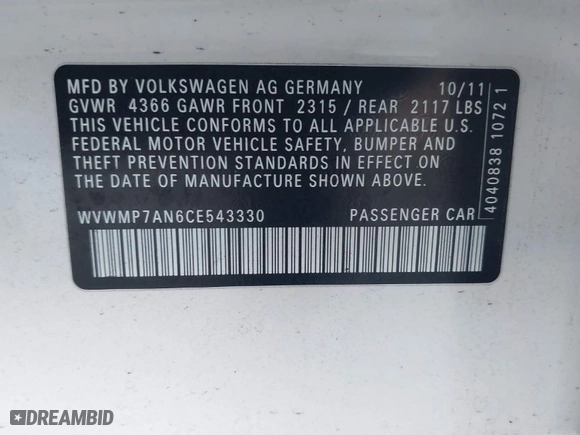 2012 Volkswagen CC Sport PZEV with VIN WVWMP7AN6CE543330, listed as a IAAI auction lot 41447612 with NaN miles. Bid and sale history available at carsss.com. Image 9.