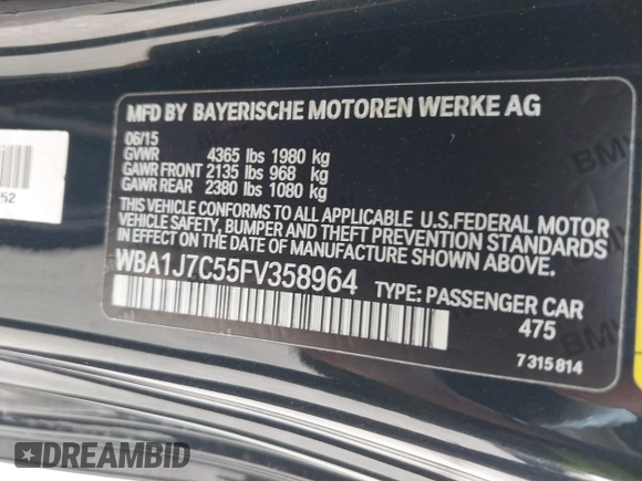 2015 BMW 2 Series M235i with VIN WBA1J7C55FV358964, listed as a IAAI auction lot 41674800 with 63,504 mi miles and . Bid and sale history available at carsss.com. Image 9.