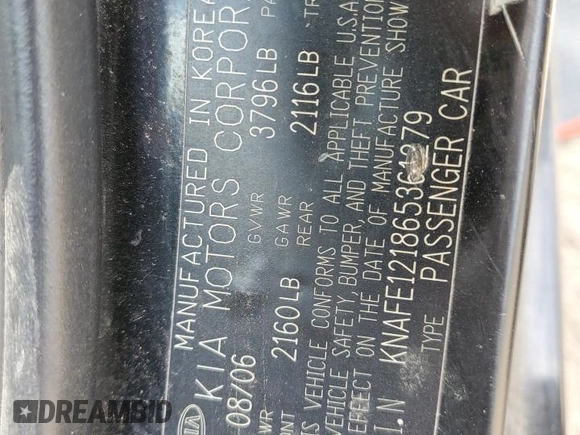 2006 Kia Spectra EX with VIN KNAFE121865361279, listed as a Copart auction lot 53486935 with 219,919 mi miles and Salvage Title. Bid and sale history available at carsss.com. Image 15.