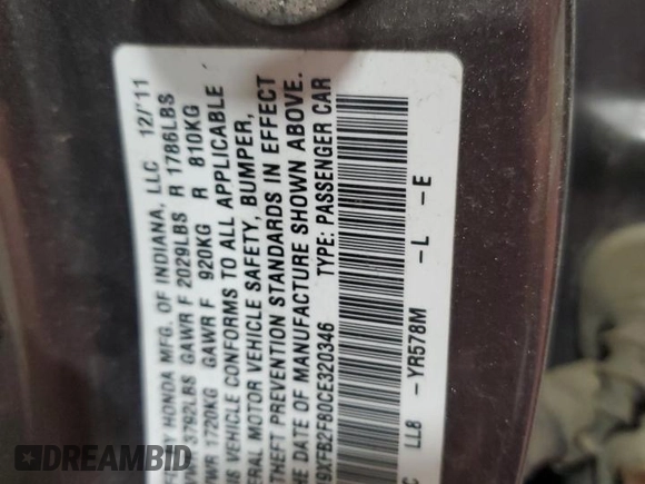 2012 Honda Civic EX with VIN 19XFB2F80CE320346, listed as a Copart auction lot 53514955 with Not Provided miles and Salvage Title. Bid and sale history available at DreamBid. Image 13.