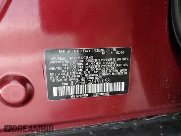 2010 Subaru Forester 2.5X with VIN JF2SH6BCXAH780198, listed as a Copart auction lot 52530885 with 137,749 mi miles and Salvage Title. Bid and sale history available at carsss.com. Image 13.