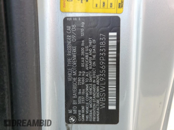 2009 BMW 3 Series M3 with VIN WBSWL93569P331837, listed as a Copart auction lot 57818984 with 113,119 mi miles and Salvage Title. Bid and sale history available at carsss.com. Image 12.