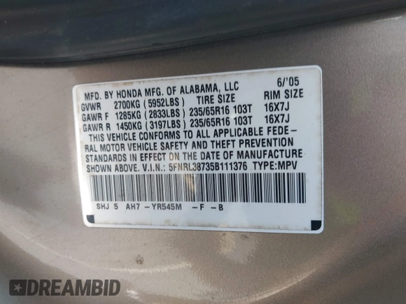 2005 Honda Odyssey EX-L z VIN 5FNRL38735B111376, wystawiony jako IAAI lot #42378824 z przebiegiem 191 632 mil mil oraz . Historia ofert i sprzedaży dostępna na DreamBid. Obrazek 9.