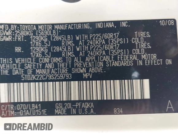 2009 Toyota Sienna XLE with VIN 5TDZK22C79S259793, listed as a IAAI auction lot 41905617 with 185,121 mi miles and . Bid and sale history available at DreamBid. Image 9.