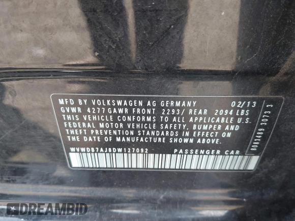 2013 Volkswagen Golf w/Conv & Sunroof z VIN WVWDB7AJ8DW127092, wystawiony jako IAAI lot #42253316 z przebiegiem 170 743 mil mil oraz . Historia ofert i sprzedaży dostępna na DreamBid. Obrazek 9.