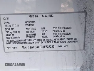 2022 Tesla Model Y Long Range with VIN 7SAYGAEE3NF337220, listed as a IAAI auction lot 41703912 with 46,319 mi miles and . Bid and sale history available at carsss.com. Image 9.