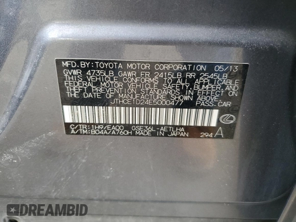 2014 Lexus IS 350 с VIN JTHCE1D24E5000477, выставлен на аукционе Copart как лот 44457245 с пробегом 132 084 миль миль и Списание • Salvage title. История ставок и продаж доступна на DreamBid. Изображение 12.