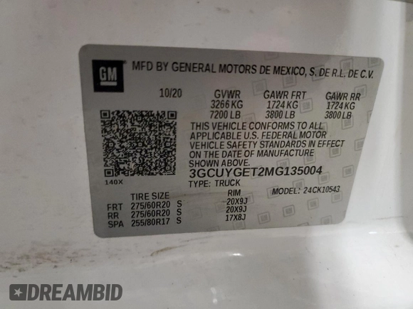 2021 Chevrolet Silverado 1500 LTZ with VIN 3GCUYGET2MG135004, listed as a Copart auction lot 50825955 with 53,594 mi miles and Salvage Title. Bid and sale history available at DreamBid. Image 14.