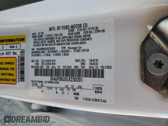 2020 Ford Fusion Titanium with VIN 3FA6P0RUXLR230201, listed as a Copart auction lot 52773875 with 72,788 mi miles and Salvage title. Bid and sale history available at DreamBid. Image 12.