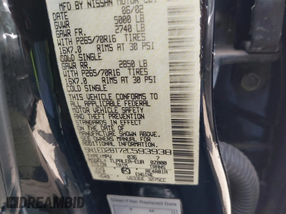 2002 Nissan Xterra XE z VIN 5N1ED28T72C593938, wystawiony jako IAAI lot #42237890 z przebiegiem 205 544 mil mil oraz . Historia ofert i sprzedaży dostępna na DreamBid. Obrazek 9.