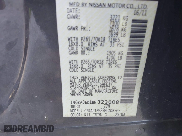 2011 Nissan Titan SV with VIN 1N6BA0ED1BN323008, listed as a IAAI auction lot 41307664 with 161,411 mi miles and . Bid and sale history available at DreamBid. Image 9.