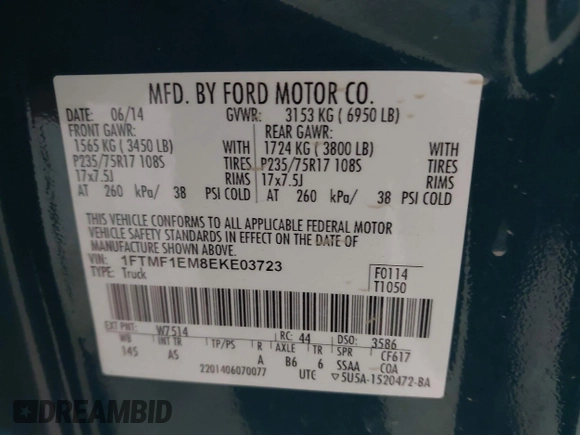 2014 Ford F-150 XL with VIN 1FTMF1EM8EKE03723, listed as a IAAI auction lot 41323405 with 176,478 mi miles and . Bid and sale history available at DreamBid. Image 9.