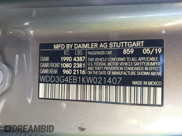 2019 Mercedes-Benz A 220 with VIN WDD3G4EB1KW021407, listed as a IAAI auction lot 41637885 with 47,820 mi miles and . Bid and sale history available at DreamBid. Image 9.