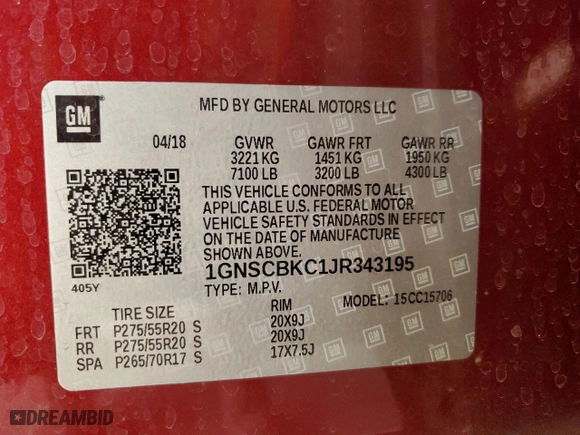 2018 Chevrolet Tahoe LT with VIN 1GNSCBKC1JR343195, listed as a Copart auction lot 43993575 with 0 mi miles and Salvage Title. Bid and sale history available at carsss.com. Image 15.