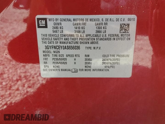 2010 Cadillac SRX Premium Collection with VIN 3GYFNCEY0AS656036, listed as a Copart auction lot 57501715 with 78,470 mi miles and Salvage title. Bid and sale history available at DreamBid. Image 13.