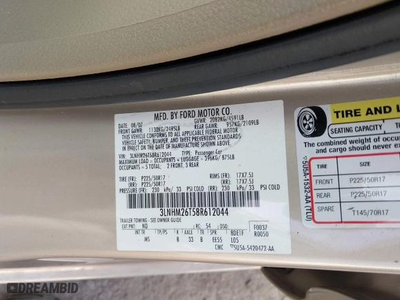 2008 Lincoln MKZ with VIN 3LNHM26T58R612044, listed as a IAAI auction lot 40587430 with 114,363 mi miles. Bid and sale history available at carsss.com. Image 9.
