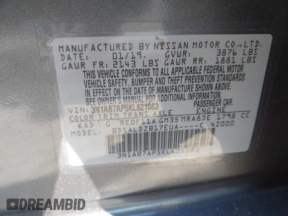 2019 Nissan Sentra SV z VIN 3N1AB7AP5KL621083, wystawiony jako IAAI lot #41838523 z przebiegiem 121 207 mil mil oraz . Historia ofert i sprzedaży dostępna na DreamBid. Obrazek 9.