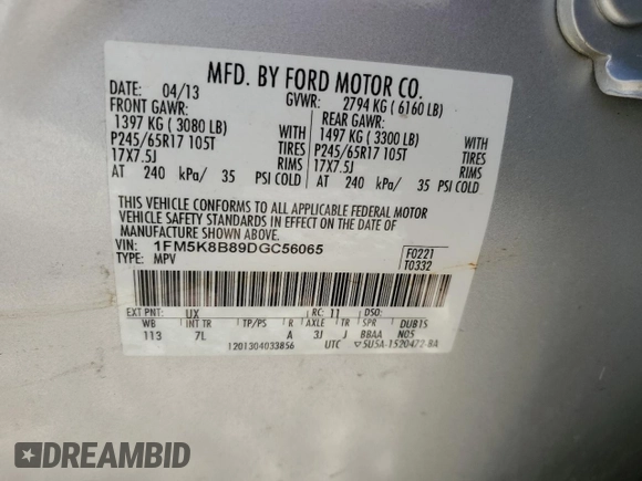 2013 Ford Explorer with VIN 1FM5K8B89DGC56065, listed as a Copart auction lot 63057355 with 90,218 mi miles and Non repairable. Bid and sale history available at DreamBid. Image 13.