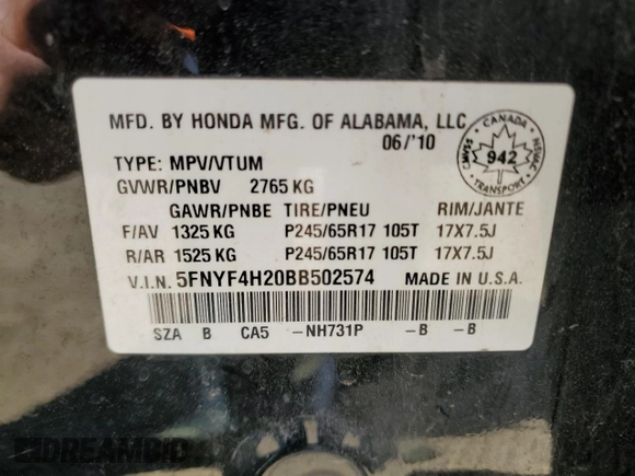 2011 Honda Pilot LX with VIN 5FNYF4H20BB502574, listed as a Copart auction lot 59156775 with 269,212 mi miles and Salvage title. Bid and sale history available at DreamBid. Image 13.