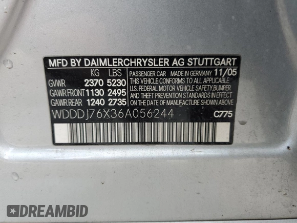 2006 Mercedes-Benz CLS-Class AMG with VIN WDDDJ76X36A056244, listed as a Copart auction lot 87377804 with 0 mi miles and Salvage Title. Bid and sale history available at carsss.com. Image 12.