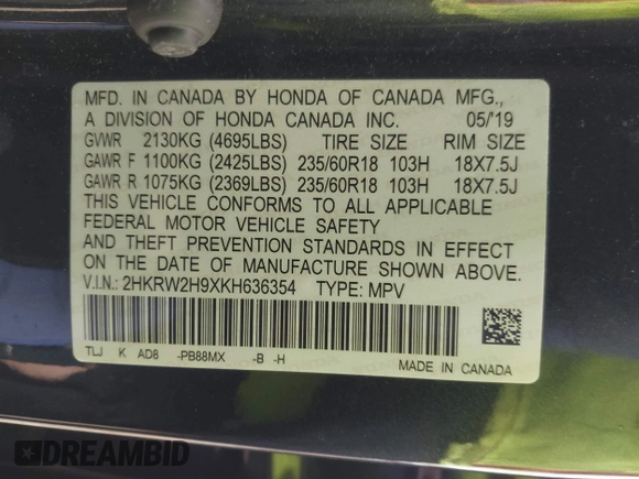 2019 Honda CR-V Touring with VIN 2HKRW2H9XKH636354, listed as a IAAI auction lot 41902615 with 66,781 mi miles and . Bid and sale history available at DreamBid. Image 9.