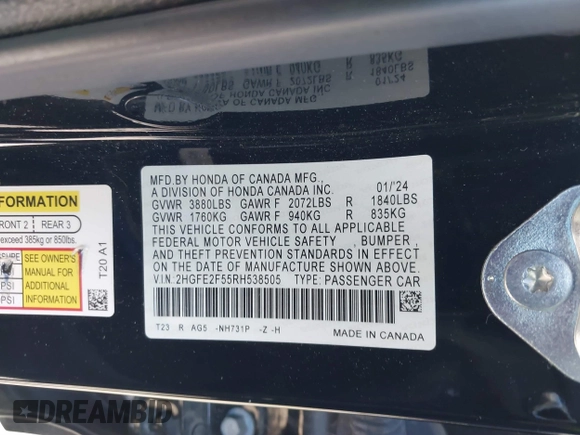 2024 Honda Civic Sport with VIN 2HGFE2F55RH538505, listed as a IAAI auction lot 41723536 with 59,800 mi miles and . Bid and sale history available at DreamBid. Image 9.
