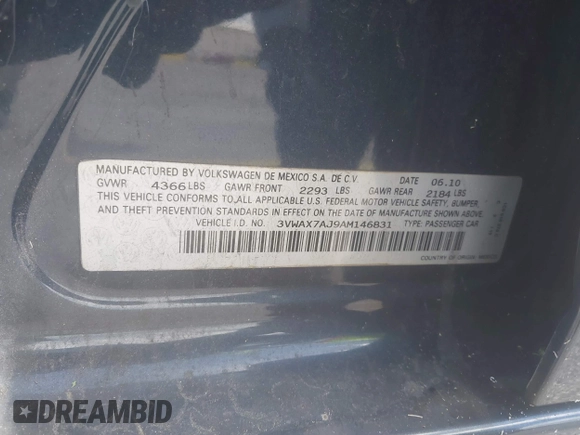2010 Volkswagen Jetta Limited Edition with VIN 3VWAX7AJ9AM146831, listed as a IAAI auction lot 42545569 with 137,061 mi miles and . Bid and sale history available at DreamBid. Image 9.