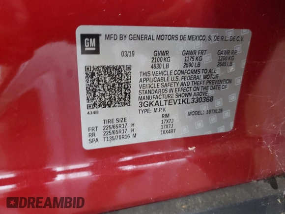 2019 GMC Terrain SLE with VIN 3GKALTEV1KL330368, listed as a Copart auction lot 60235435 with 20,698 mi miles and Salvage title. Bid and sale history available at DreamBid. Image 13.
