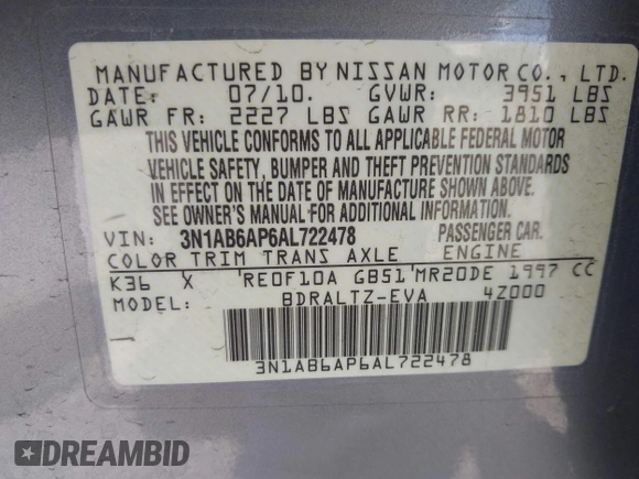 2010 Nissan Sentra SR with VIN 3N1AB6AP6AL722478, listed as a IAAI auction lot 42228586 with 189,913 mi miles and . Bid and sale history available at DreamBid. Image 9.