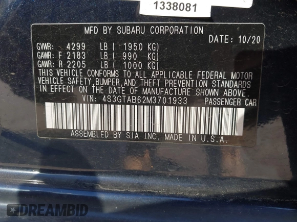 2021 Subaru Impreza с VIN 4S3GTAB62M3701933, выставлен на аукционе IAAI как лот 41358090 с пробегом 46 573 миль миль и . История ставок и продаж доступна на DreamBid. Изображение 9.
