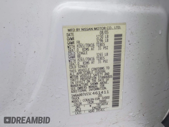 2005 Nissan Frontier LE with VIN 1N6AD07U55C461411, listed as a IAAI auction lot 42322533 with 158,937 mi miles and . Bid and sale history available at DreamBid. Image 9.
