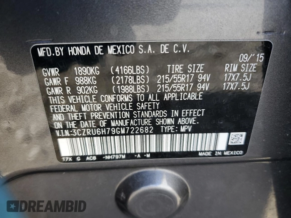 2016 Honda HR-V EX-L w/Navi with VIN 3CZRU6H79GM722682, listed as a Copart auction lot 51313175 with 37,894 mi miles and Salvage Title. Bid and sale history available at carsss.com. Image 13.