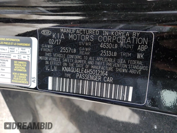 2017 Kia Optima EX with VIN KNAGU4LE4H5012164, listed as a Copart auction lot 44175804 with 82,109 mi miles and Salvage title. Bid and sale history available at DreamBid. Image 12.