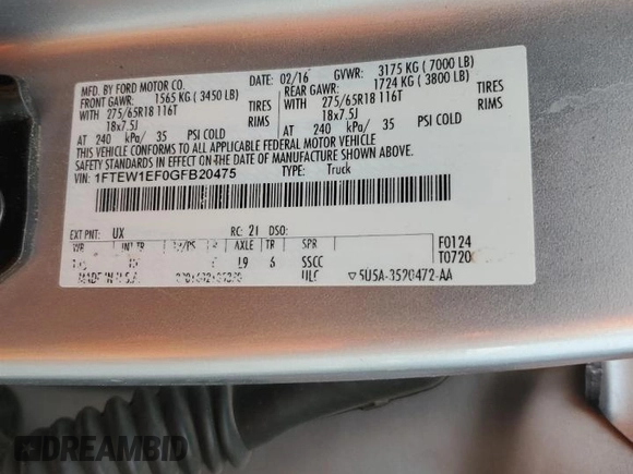 2016 Ford F-150 XLT with VIN 1FTEW1EF0GFB20475, listed as a Copart auction lot 56536605 with 111,748 mi miles and Salvage title. Bid and sale history available at DreamBid. Image 12.