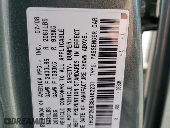 2008 Honda Accord EX-L z VIN 1HGCP26838A162231, wystawiony jako Copart lot #58016435 z przebiegiem 260 496 mil mil oraz Szkoda całkowita • Salvage title. Historia ofert i sprzedaży dostępna na DreamBid. Obrazek 12.