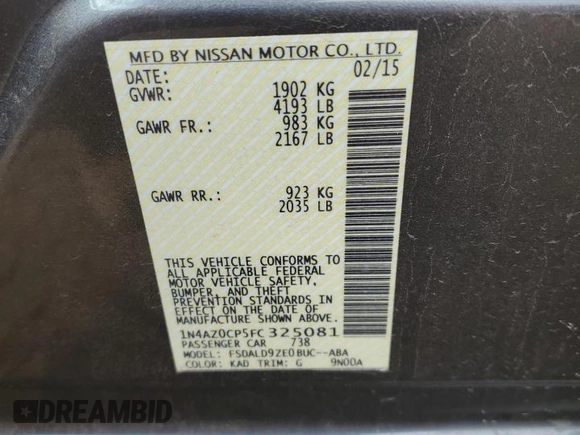 2015 Nissan LEAF SV with VIN 1N4AZ0CP5FC325081, listed as a Copart auction lot 62681513 with 90,329 mi miles. Bid and sale history available at carsss.com. Image 12.