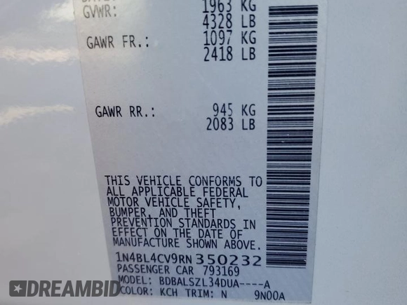 2024 Nissan Altima SR z VIN 1N4BL4CV9RN350232, wystawiony jako Copart lot #52239325 z przebiegiem 20 139 mil mil oraz Szkoda całkowita • Salvage title. Historia ofert i sprzedaży dostępna na DreamBid. Obrazek 12.