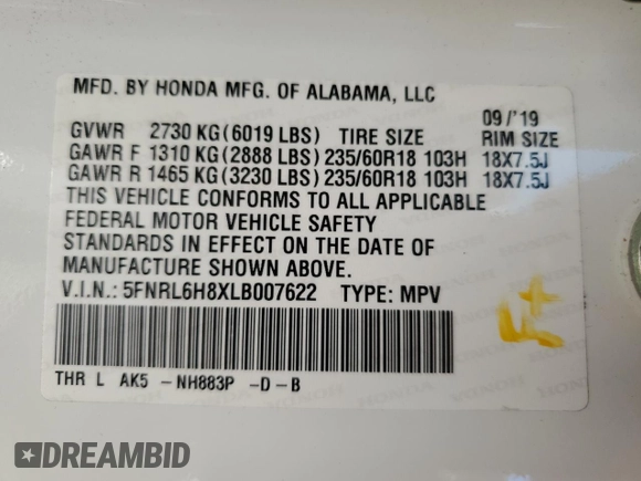 2020 Honda Odyssey Touring with VIN 5FNRL6H8XLB007622, listed as a Copart auction lot 76297494 with 83,452 mi miles and Salvage Title. Bid and sale history available at DreamBid. Image 16.