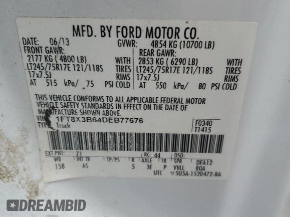 2013 Ford F-350 XL with VIN 1FT8X3B64DEB77676, listed as a Copart auction lot 48233475 with 205,292 mi miles and Clean title. Bid and sale history available at DreamBid. Image 12.