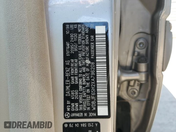 1999 Mercedes-Benz E-Class with VIN WDBJF65H2XA796208, listed as a Copart auction lot 62738904 with 156,283 mi miles and Salvage Title. Bid and sale history available at carsss.com. Image 13.