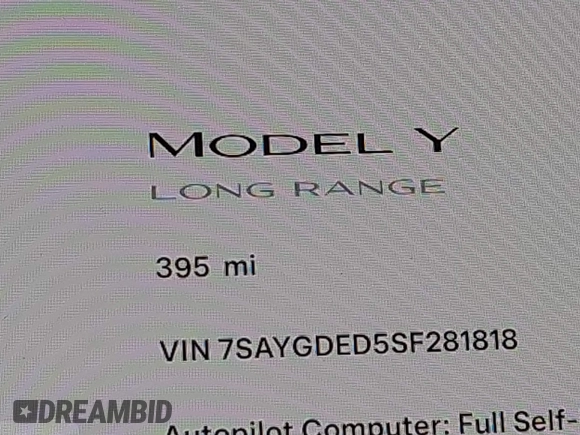 2025 Tesla Model Y Long Range with VIN 7SAYGDED5SF281818, listed as a IAAI auction lot 41302611 with 395 mi miles and . Bid and sale history available at DreamBid. Image 15.