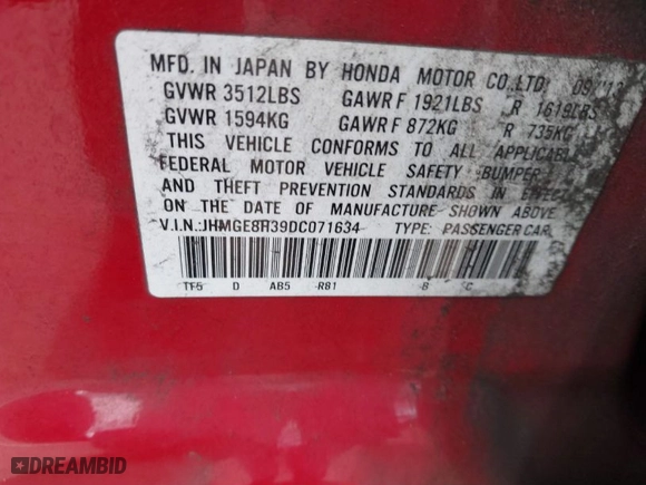 2013 Honda Fit with VIN JHMGE8H39DC071634, listed as a IAAI auction lot 41633376 with 167,362 mi miles. Bid and sale history available at carsss.com. Image 9.