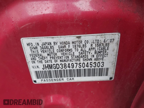 2007 Honda Fit с VIN JHMGD38497S045303, выставлен на аукционе IAAI как лот 42225334 с пробегом 199 886 миль миль и . История ставок и продаж доступна на DreamBid. Изображение 9.