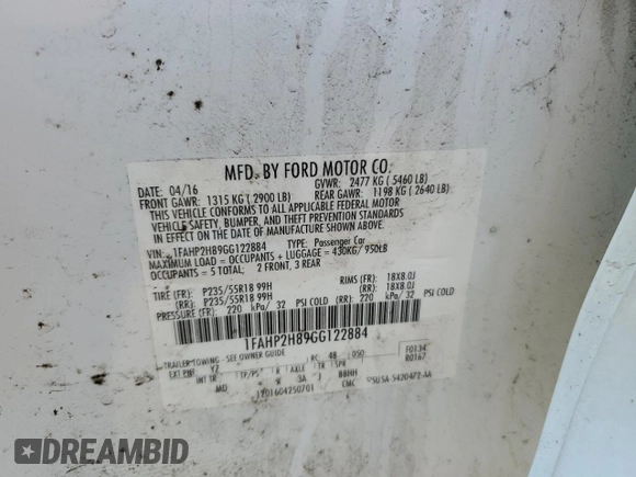2016 Ford Taurus SEL with VIN 1FAHP2H89GG122884, listed as a Copart auction lot 53597595 with 128,627 mi miles and Salvage title. Bid and sale history available at DreamBid. Image 12.