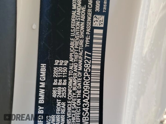 2024 BMW M4 Competition xDrive z VIN WBS43AZ09RCP58277, wystawiony jako Copart lot #47628415 z przebiegiem 3 312 mil mil oraz Szkoda całkowita • Salvage title. Historia ofert i sprzedaży dostępna na DreamBid. Obrazek 12.