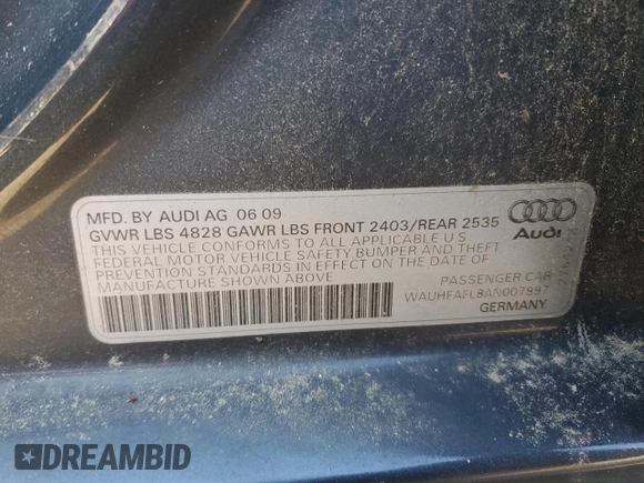 2010 Audi A4 2.0T Premium Plus with VIN WAUHFAFL8AN007997, listed as a Copart auction lot 83941314 with 97,429 mi miles and Clean Title. Bid and sale history available at carsss.com. Image 12.