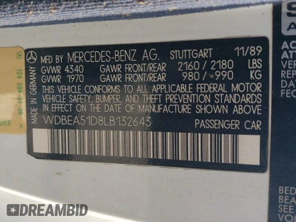 1990 Mercedes-Benz 300 CE с VIN WDBEA51D8LB132643, выставлен на аукционе Copart как лот 76017284 с пробегом 211 131 миль миль и Чистый • Clean title. История ставок и продаж доступна на DreamBid. Изображение 12.