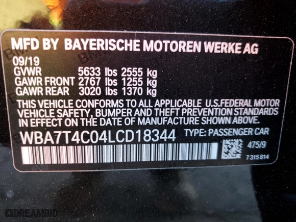 2020 BMW 7 Series 740i xDrive with VIN WBA7T4C04LCD18344, listed as a Copart auction lot 82823384 with 0 mi miles and Salvage Title. Bid and sale history available at carsss.com. Image 14.