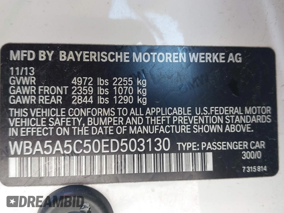 2014 BMW 5 Series 528i with VIN WBA5A5C50ED503130, listed as a IAAI auction lot 41819922 with 135,923 mi miles. Bid and sale history available at carsss.com. Image 9.